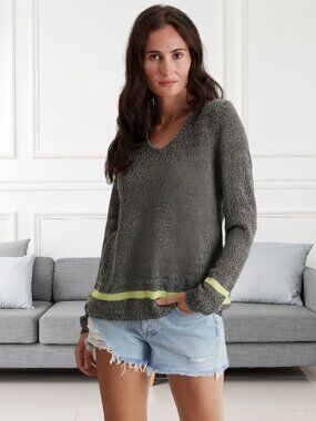 ✨ Relaxed V-Neck Knit Sweater w/ Neon Accent Stripe ✨